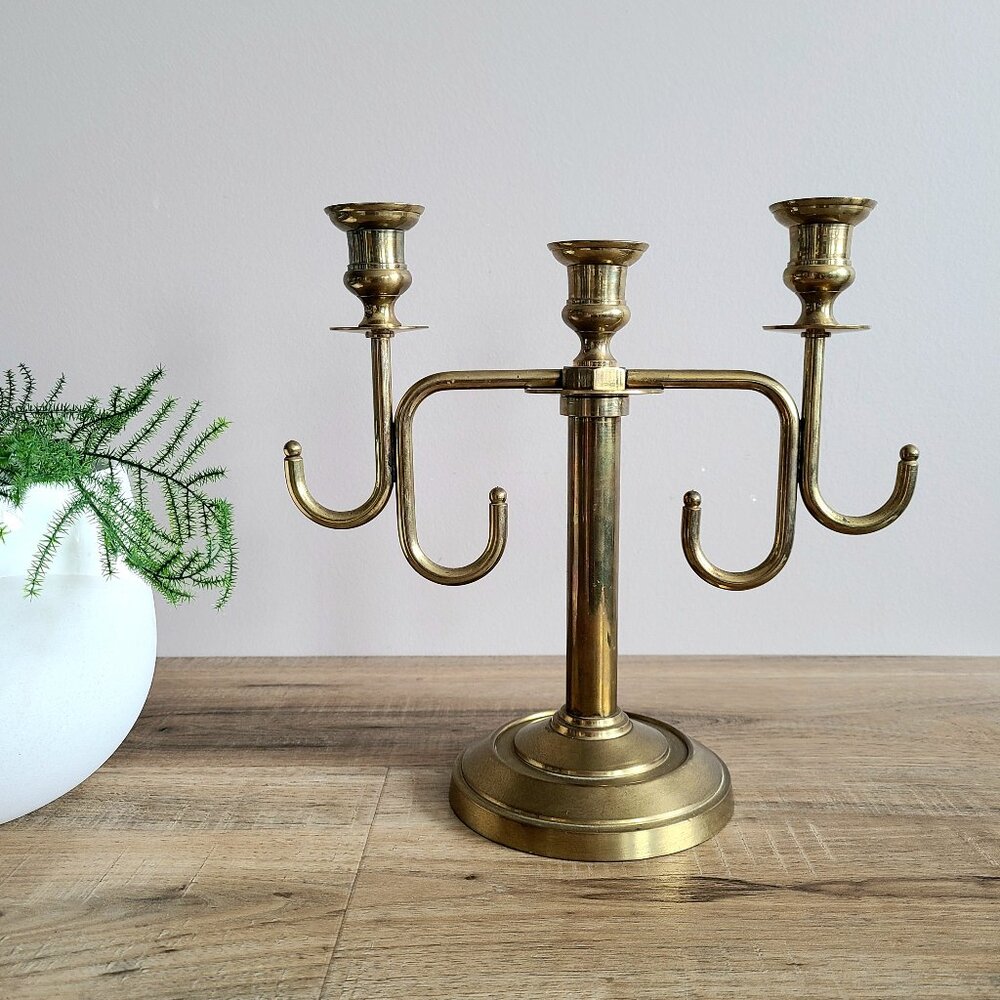 Vintage Solid Brass Mid Century 3 Branches Candleholder. Home Holiday Decor.